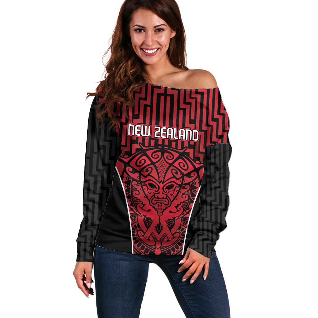 Custom Basketball New Zealand Off Shoulder Sweater Red Maori Ta Moko Indigenous - Polynesian Pride