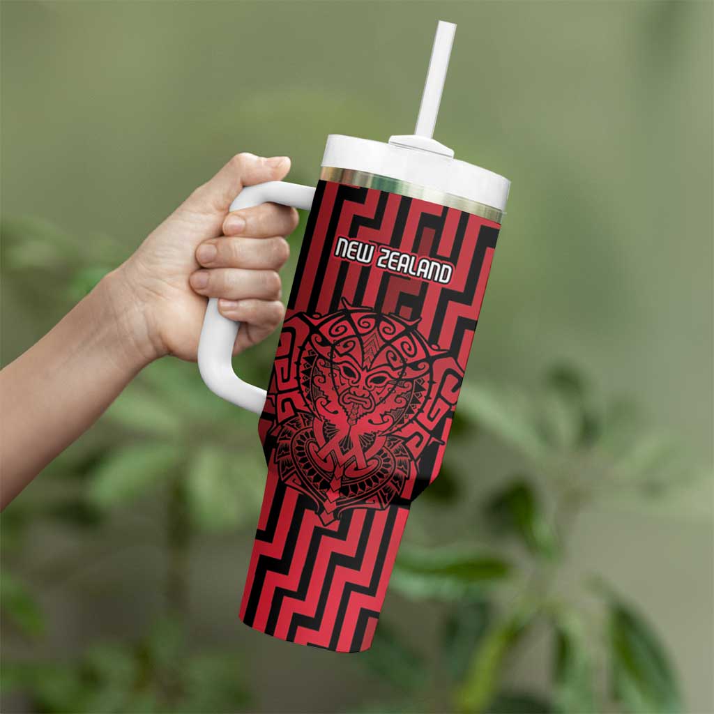 Custom Basketball New Zealand Tumbler With Handle Red Maori Ta Moko Indigenous - Polynesian Pride