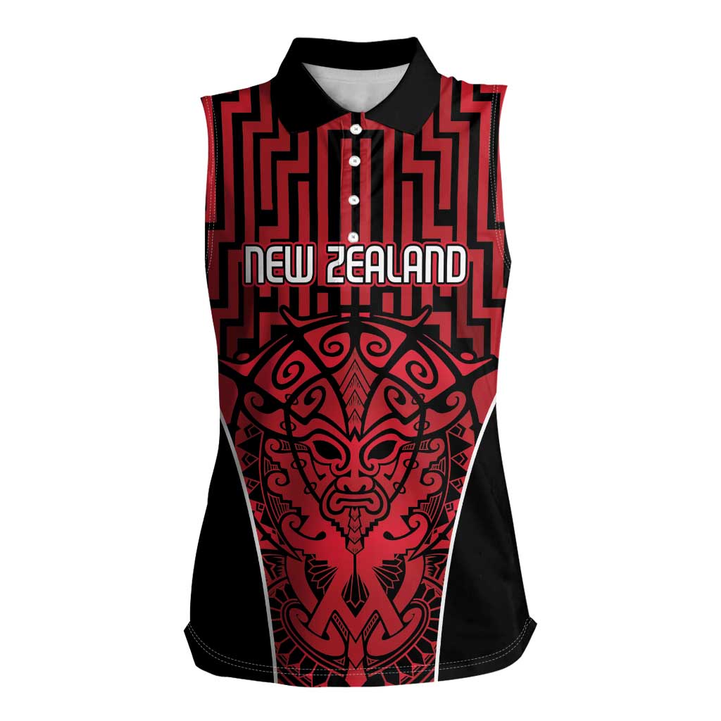 Custom Basketball New Zealand Women Sleeveless Polo Shirt Red Maori Ta Moko Indigenous - Polynesian Pride
