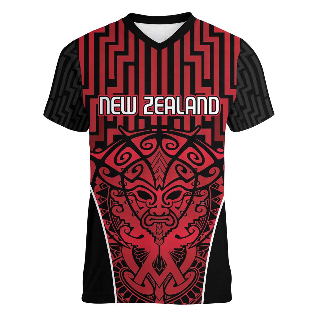 Custom Basketball New Zealand Women V-Neck T-Shirt Red Maori Ta Moko Indigenous - Polynesian Pride