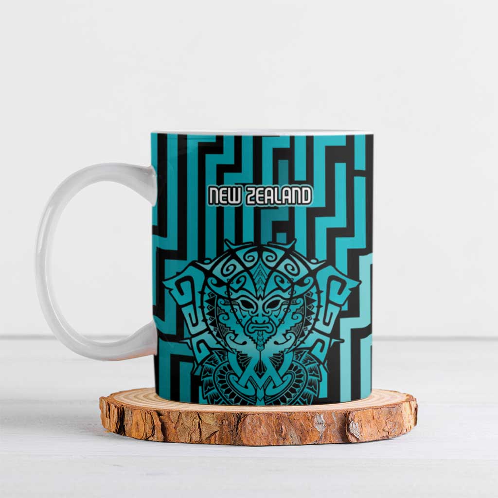 Custom Basketball New Zealand Ceramic Mug Teal Maori Ta Moko Indigenous - Polynesian Pride