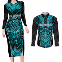 Custom Basketball New Zealand Couples Matching Long Sleeve Bodycon Dress and Long Sleeve Button Shirt Teal Maori Ta Moko Indigenous - Polynesian Pride