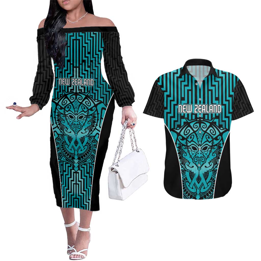 Custom Basketball New Zealand Couples Matching Off The Shoulder Long Sleeve Dress and Hawaiian Shirt Teal Maori Ta Moko Indigenous - Polynesian Pride