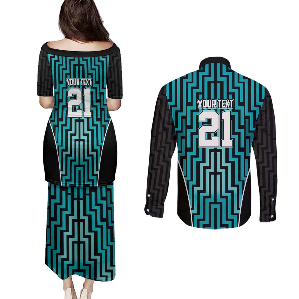 Custom Basketball New Zealand Couples Matching Puletasi and Long Sleeve Button Shirt Teal Maori Ta Moko Indigenous - Polynesian Pride