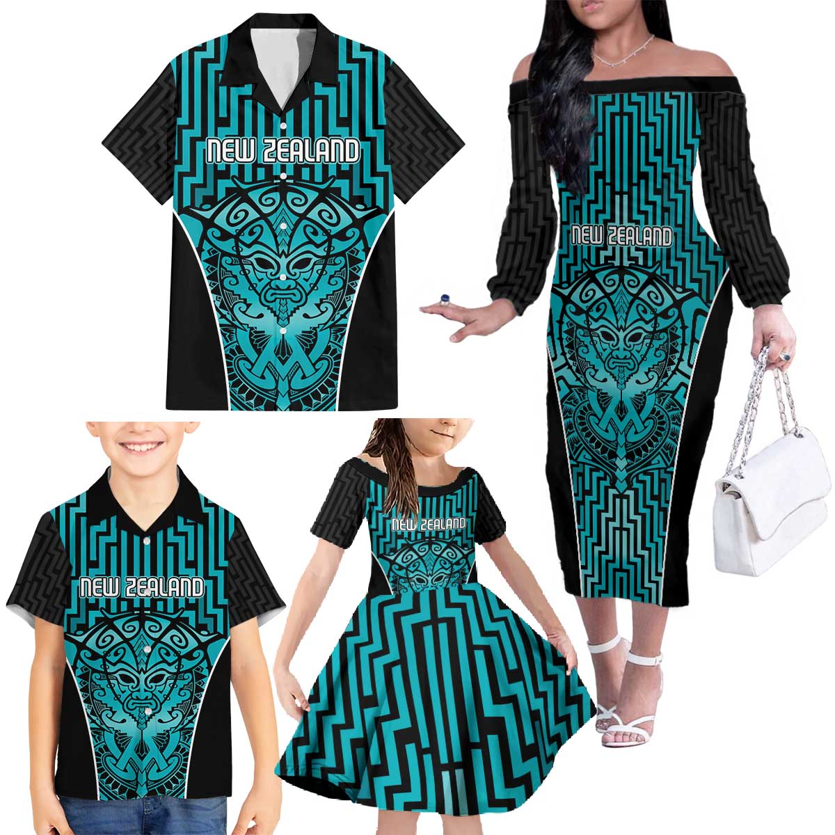 Custom Basketball New Zealand Family Matching Off The Shoulder Long Sleeve Dress and Hawaiian Shirt Teal Maori Ta Moko Indigenous - Polynesian Pride