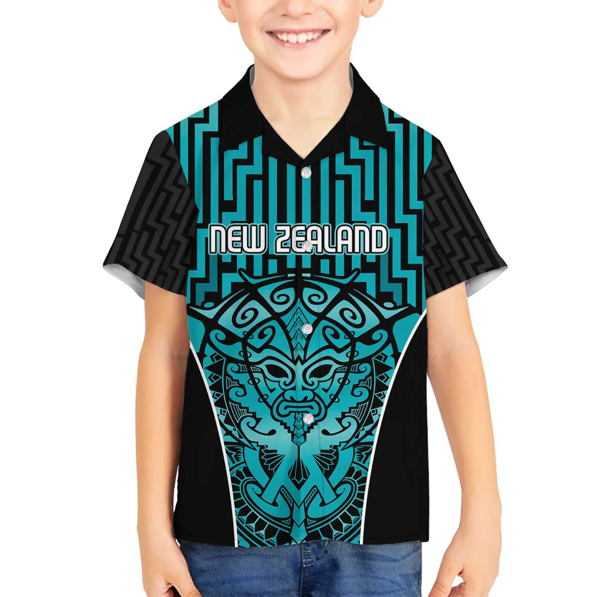 Custom Basketball New Zealand Family Matching Off The Shoulder Long Sleeve Dress and Hawaiian Shirt Teal Maori Ta Moko Indigenous - Polynesian Pride