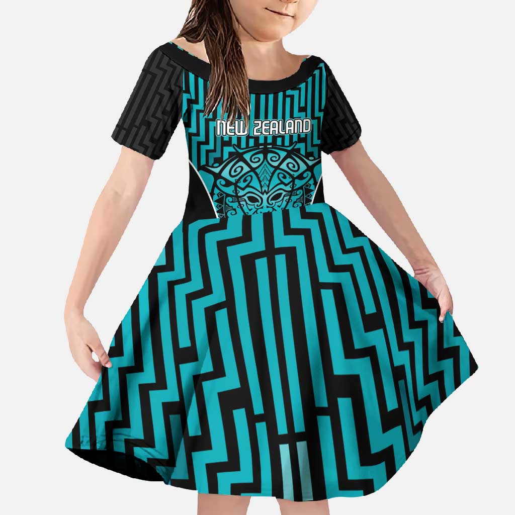 Custom Basketball New Zealand Family Matching Off Shoulder Maxi Dress and Hawaiian Shirt Teal Maori Ta Moko Indigenous - Polynesian Pride