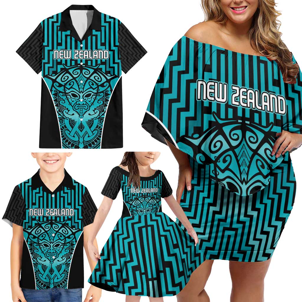 Custom Basketball New Zealand Family Matching Off Shoulder Short Dress and Hawaiian Shirt Teal Maori Ta Moko Indigenous - Polynesian Pride