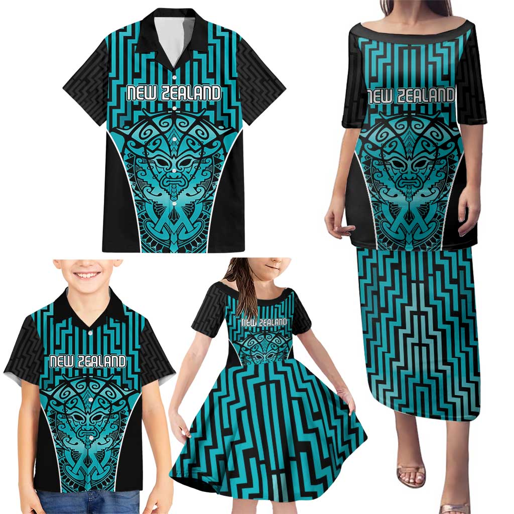 Custom Basketball New Zealand Family Matching Puletasi and Hawaiian Shirt Teal Maori Ta Moko Indigenous - Polynesian Pride