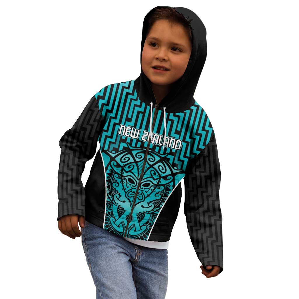 Custom Basketball New Zealand Kid Hoodie Teal Maori Ta Moko Indigenous - Polynesian Pride