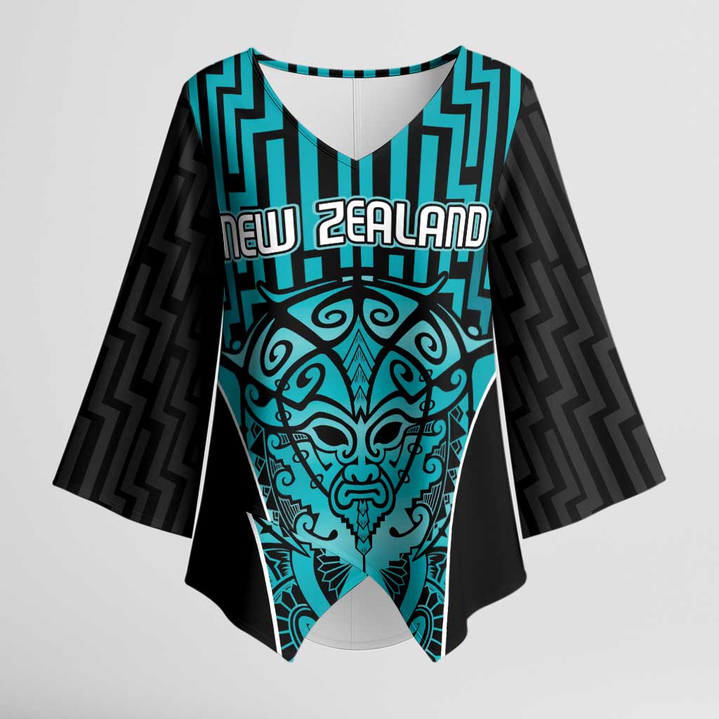 Custom Basketball New Zealand Kimono Sleeve Blouse Teal Maori Ta Moko Indigenous - Polynesian Pride