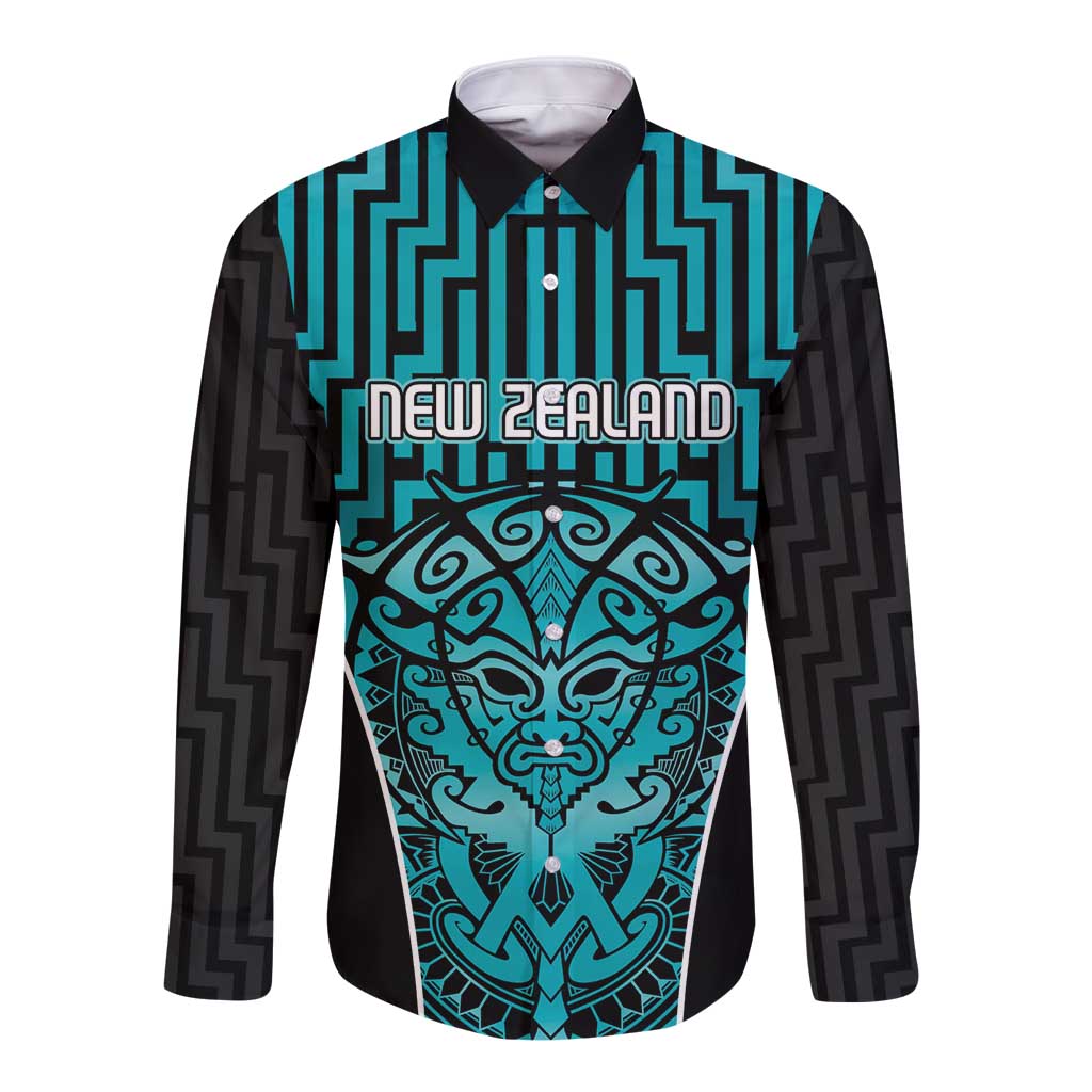Custom Basketball New Zealand Long Sleeve Button Shirt Teal Maori Ta Moko Indigenous - Polynesian Pride