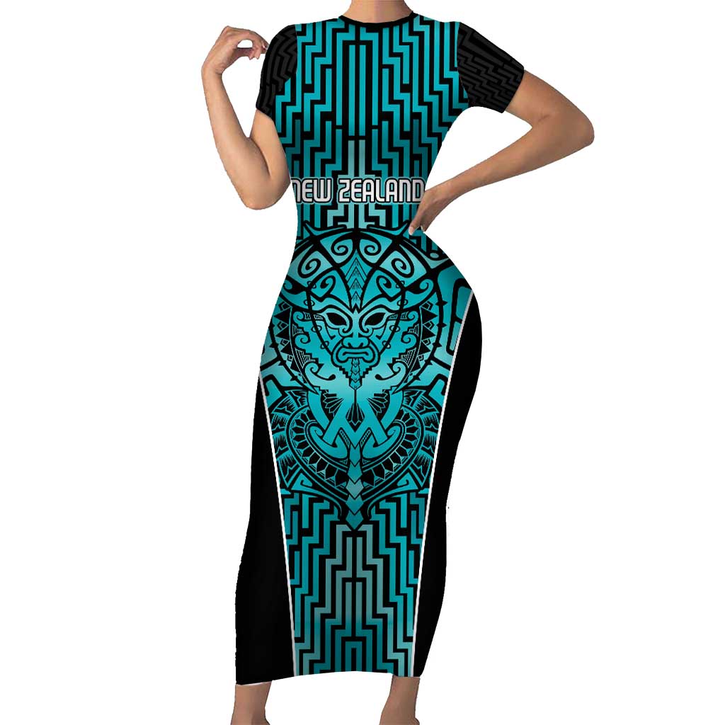 Custom Basketball New Zealand Short Sleeve Bodycon Dress Teal Maori Ta Moko Indigenous - Polynesian Pride