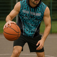 Custom Basketball New Zealand Sleeveless Hoodie Teal Maori Ta Moko Indigenous - Polynesian Pride