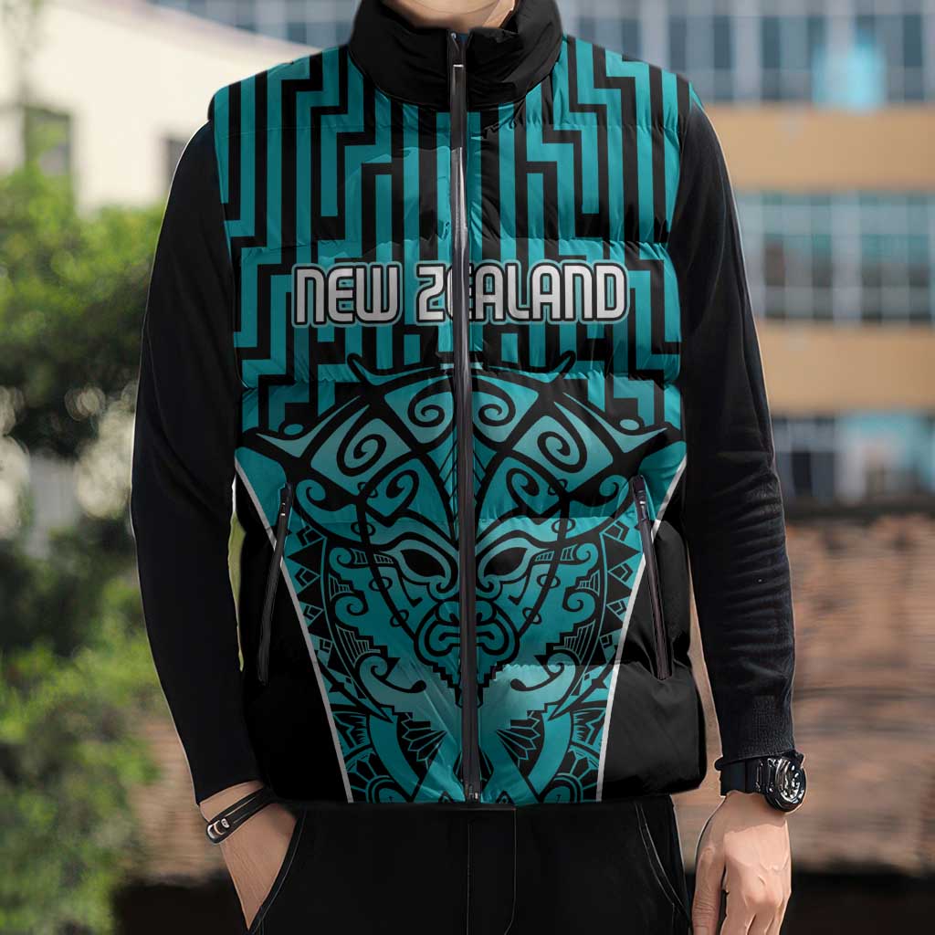 Custom Basketball New Zealand Sleeveless Puffer Jacket Teal Maori Ta Moko Indigenous - Polynesian Pride