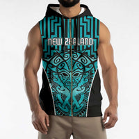 Custom Basketball New Zealand Sleeveless Zip Hoodie Teal Maori Ta Moko Indigenous - Polynesian Pride