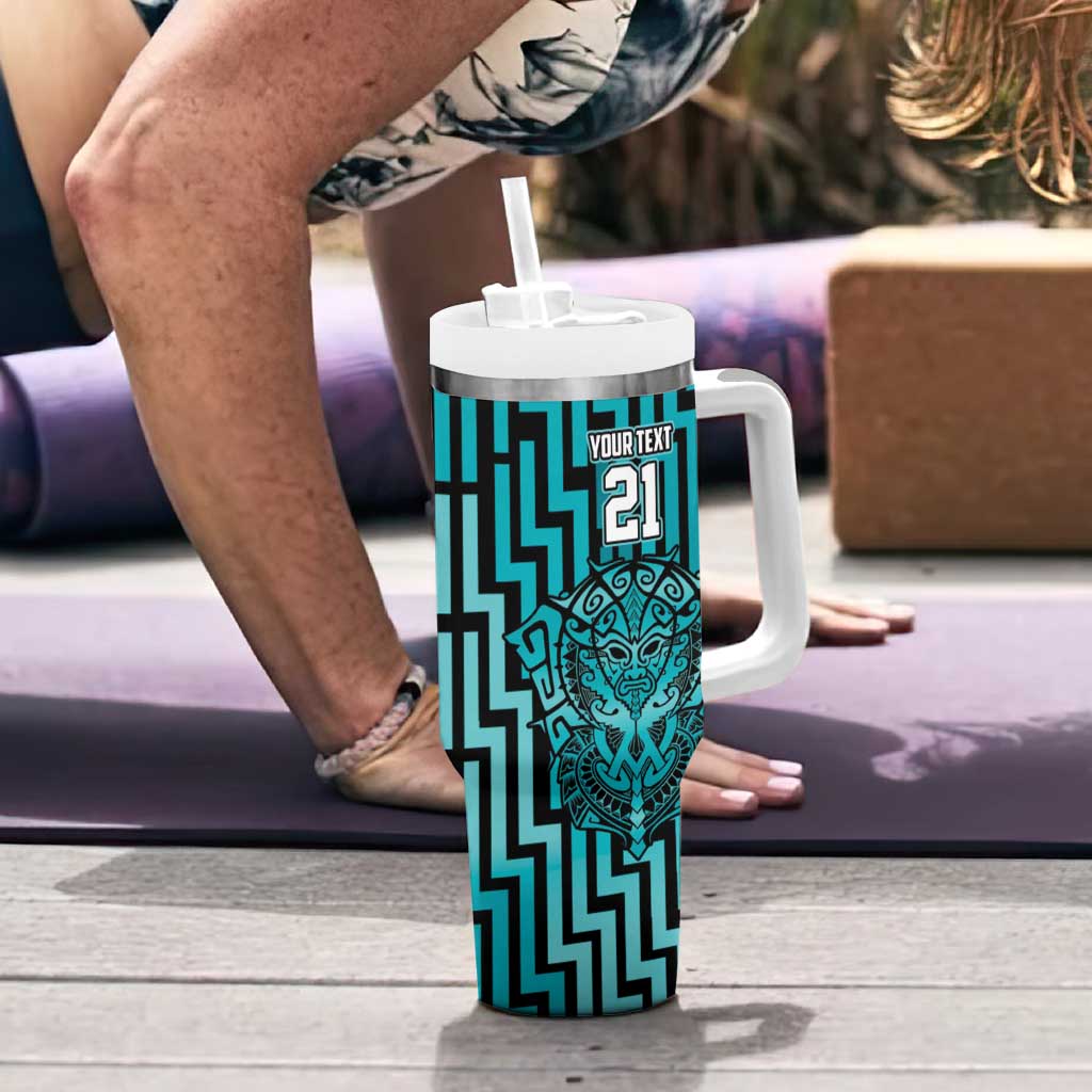 Custom Basketball New Zealand Tumbler With Handle Teal Maori Ta Moko Indigenous - Polynesian Pride