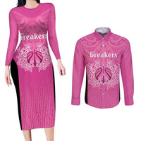 New Zealand Custom Couples Matching Long Sleeve Bodycon Dress and Long Sleeve Button Shirt Fire Basketball Maori Tribal Pink - Polynesian Pride