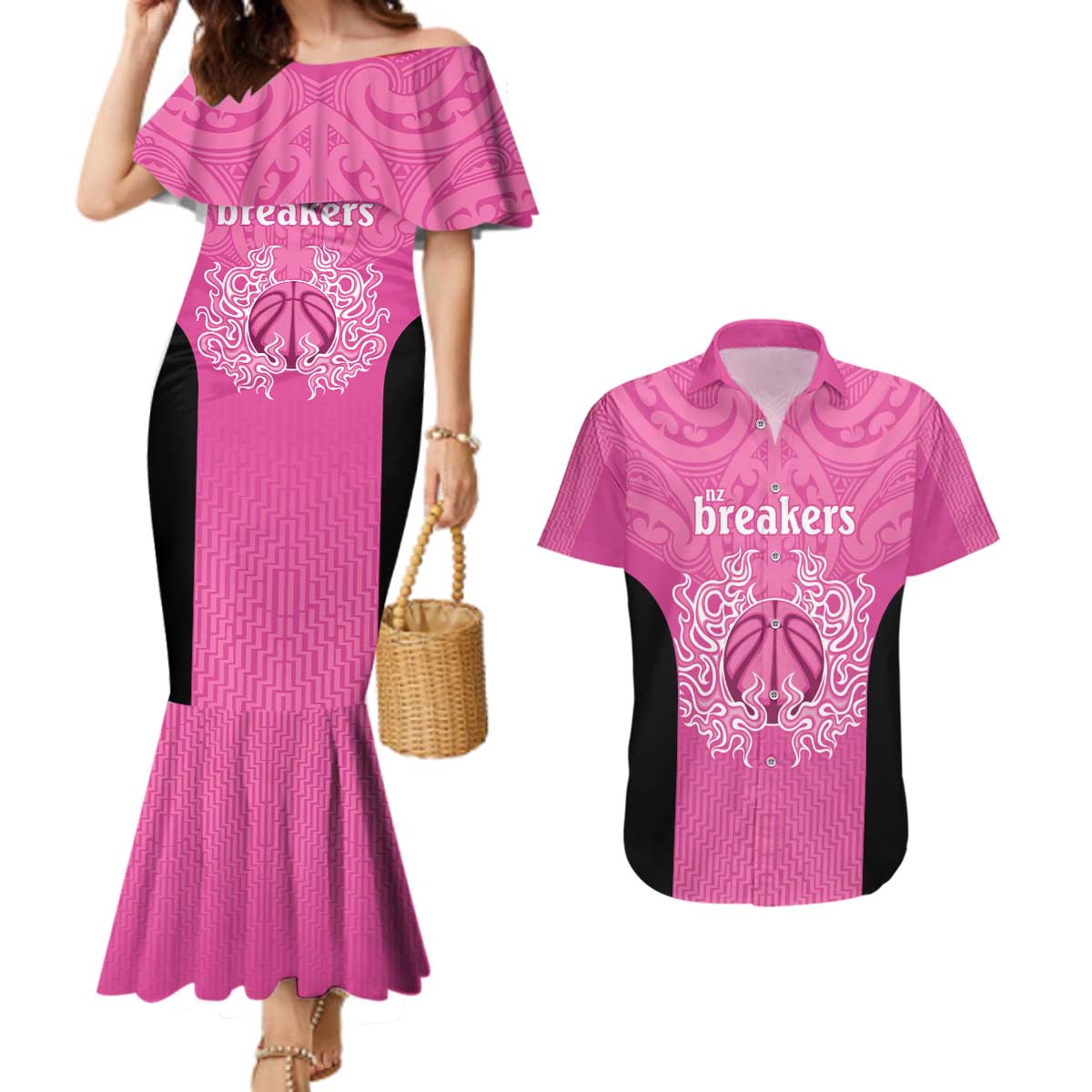 New Zealand Custom Couples Matching Mermaid Dress and Hawaiian Shirt Fire Basketball Maori Tribal Pink - Polynesian Pride