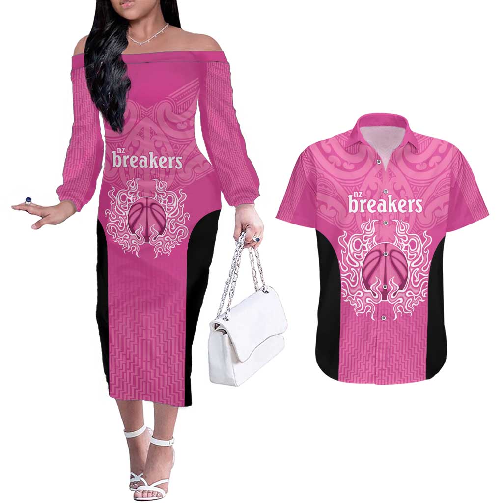 New Zealand Custom Couples Matching Off The Shoulder Long Sleeve Dress and Hawaiian Shirt Fire Basketball Maori Tribal Pink - Polynesian Pride
