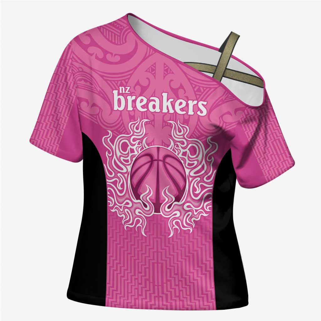 New Zealand Custom Cross Shoulder Shirt Fire Basketball Maori Tribal Pink - Polynesian Pride
