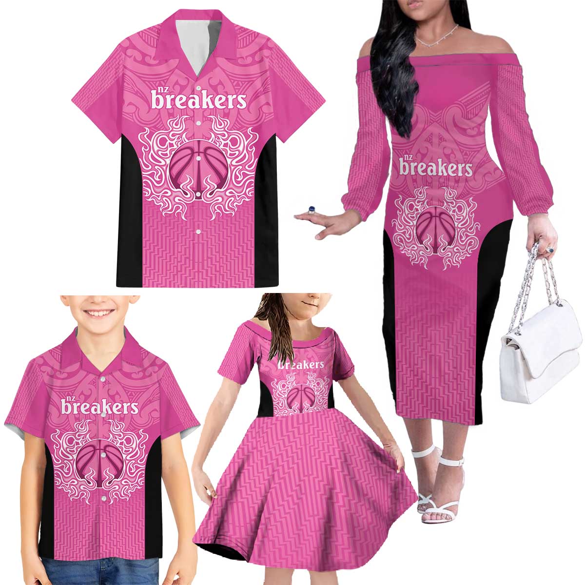 New Zealand Custom Family Matching Off The Shoulder Long Sleeve Dress and Hawaiian Shirt Fire Basketball Maori Tribal Pink - Polynesian Pride