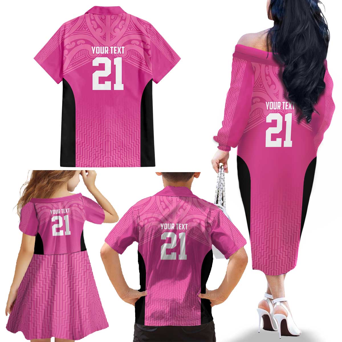 New Zealand Custom Family Matching Off The Shoulder Long Sleeve Dress and Hawaiian Shirt Fire Basketball Maori Tribal Pink - Polynesian Pride