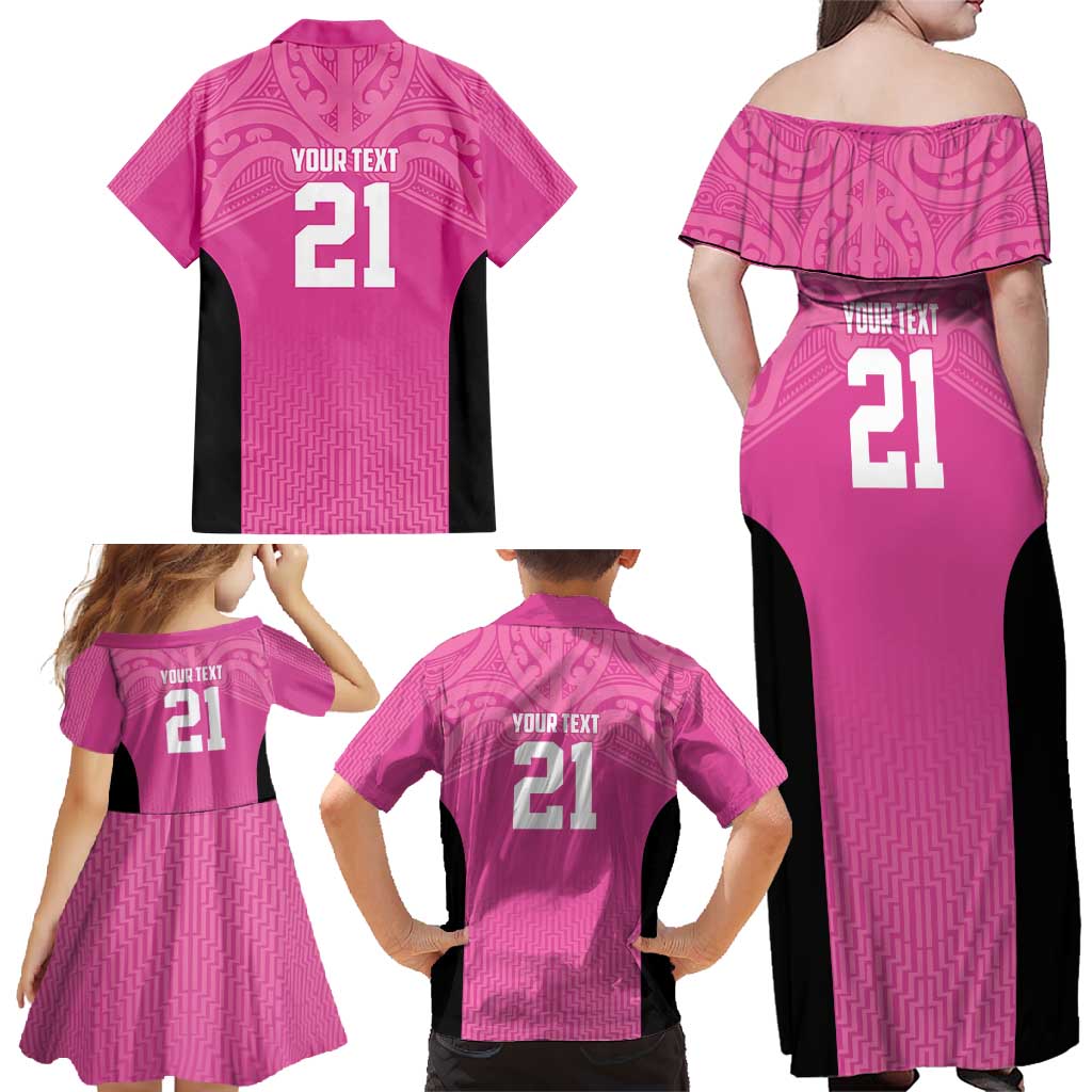 New Zealand Custom Family Matching Off Shoulder Maxi Dress and Hawaiian Shirt Fire Basketball Maori Tribal Pink - Polynesian Pride
