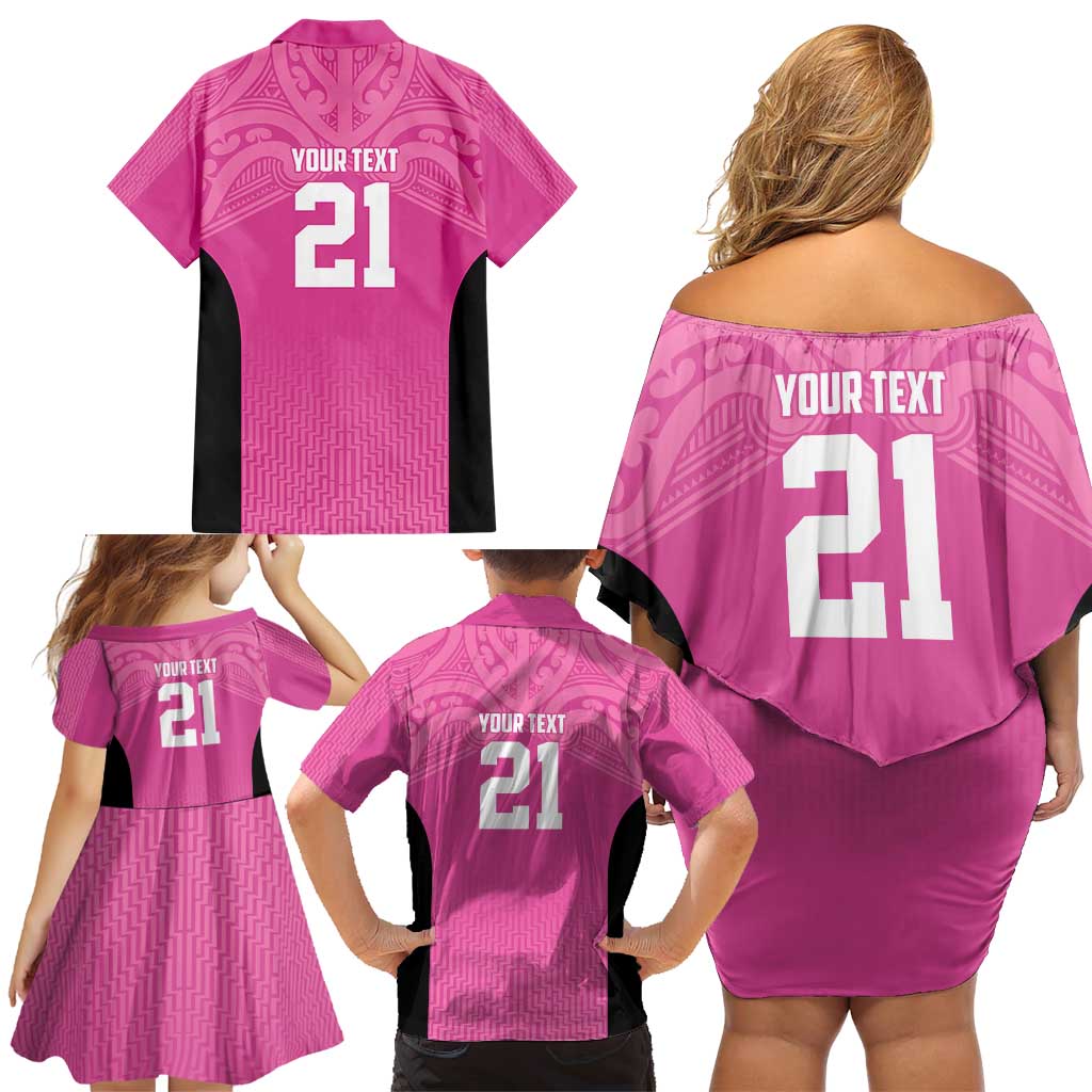 New Zealand Custom Family Matching Off Shoulder Short Dress and Hawaiian Shirt Fire Basketball Maori Tribal Pink - Polynesian Pride