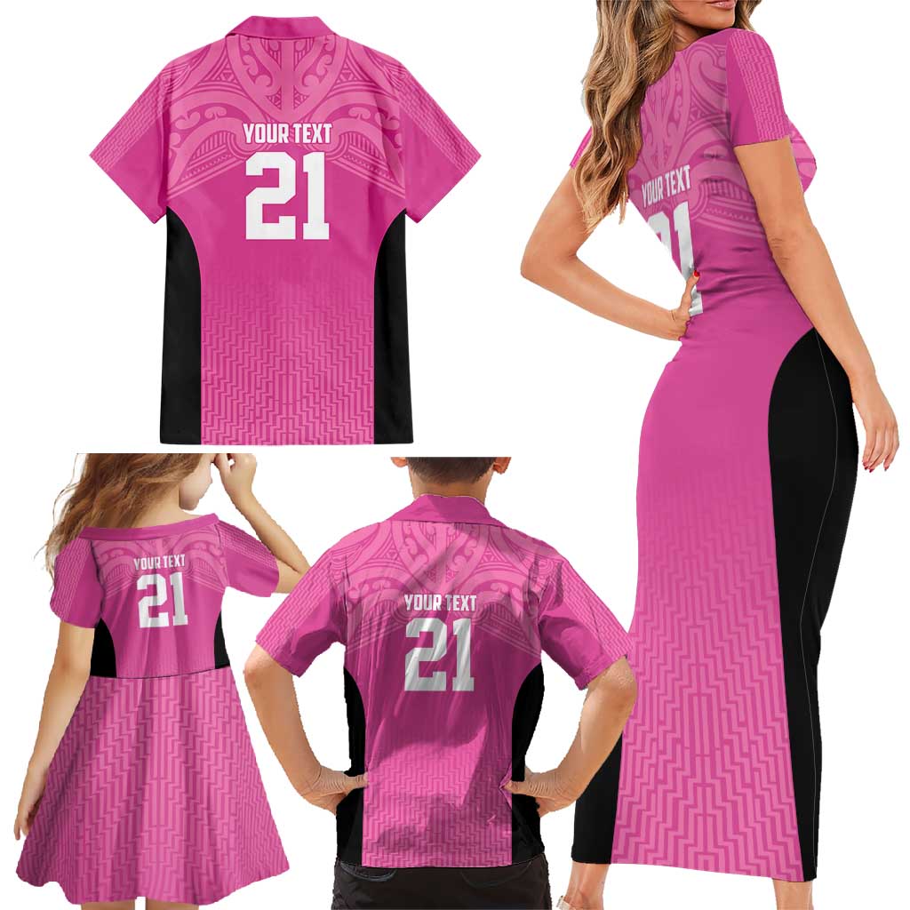 New Zealand Custom Family Matching Short Sleeve Bodycon Dress and Hawaiian Shirt Fire Basketball Maori Tribal Pink - Polynesian Pride