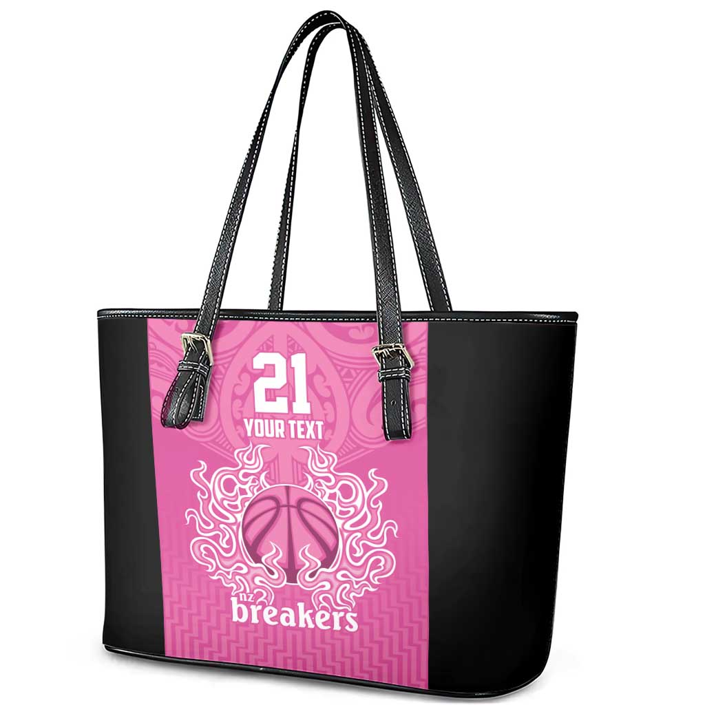 New Zealand Custom Leather Tote Bag Fire Basketball Maori Tribal Pink - Polynesian Pride
