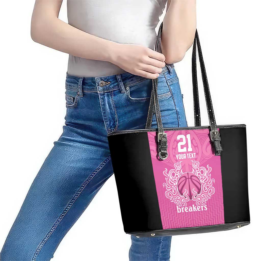 New Zealand Custom Leather Tote Bag Fire Basketball Maori Tribal Pink - Polynesian Pride