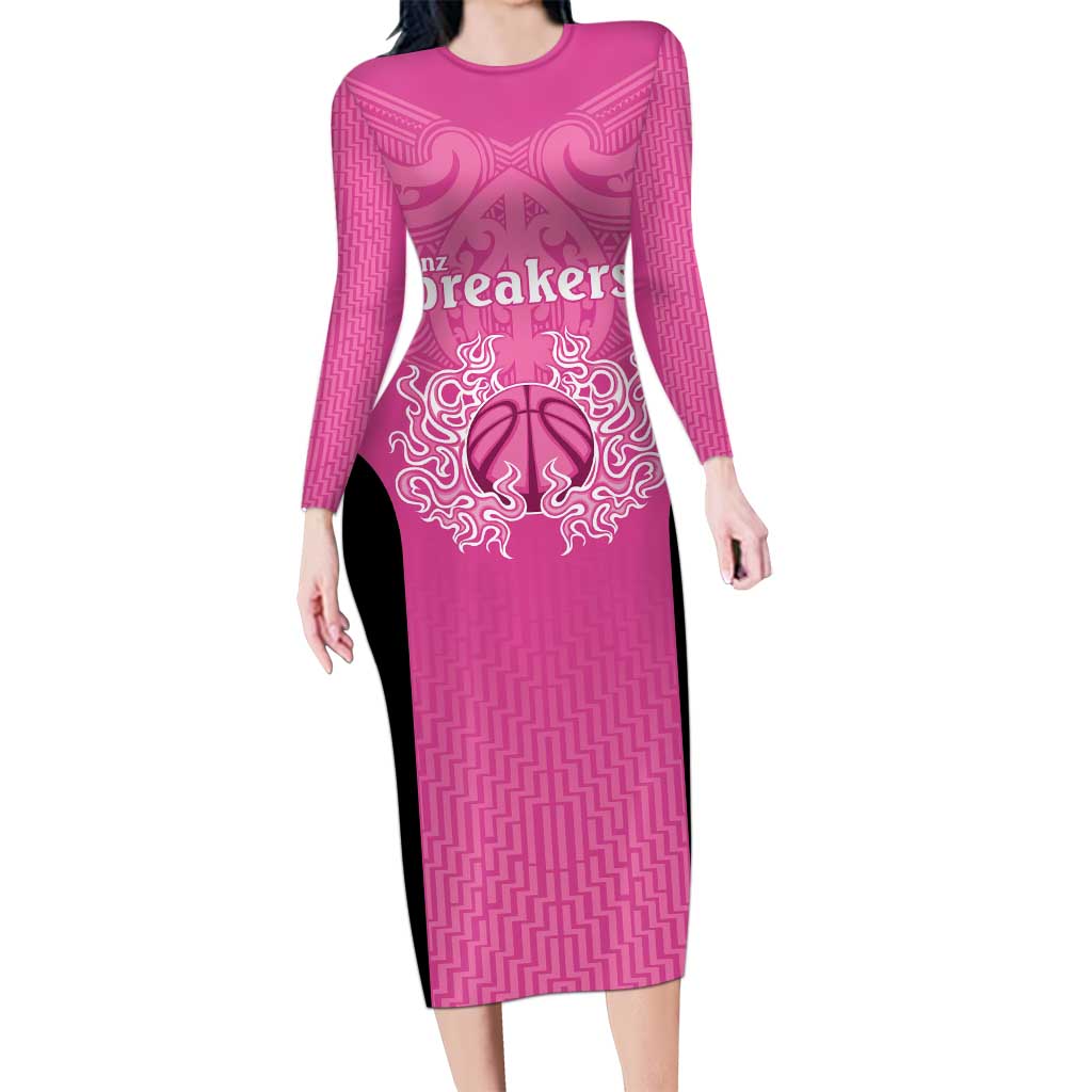 New Zealand Custom Long Sleeve Bodycon Dress Fire Basketball Maori Tribal Pink - Polynesian Pride