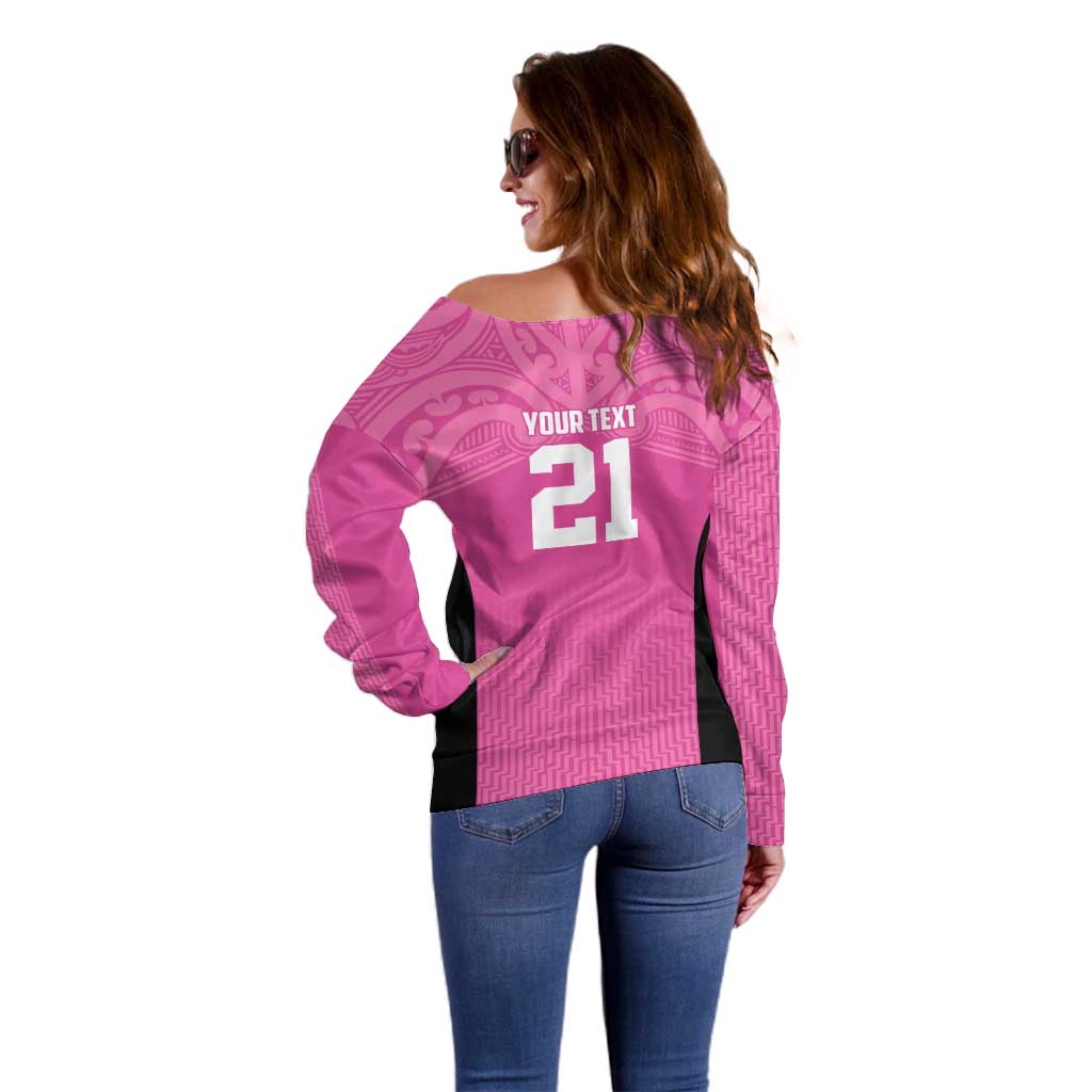 New Zealand Custom Off Shoulder Sweater Fire Basketball Maori Tribal Pink - Polynesian Pride