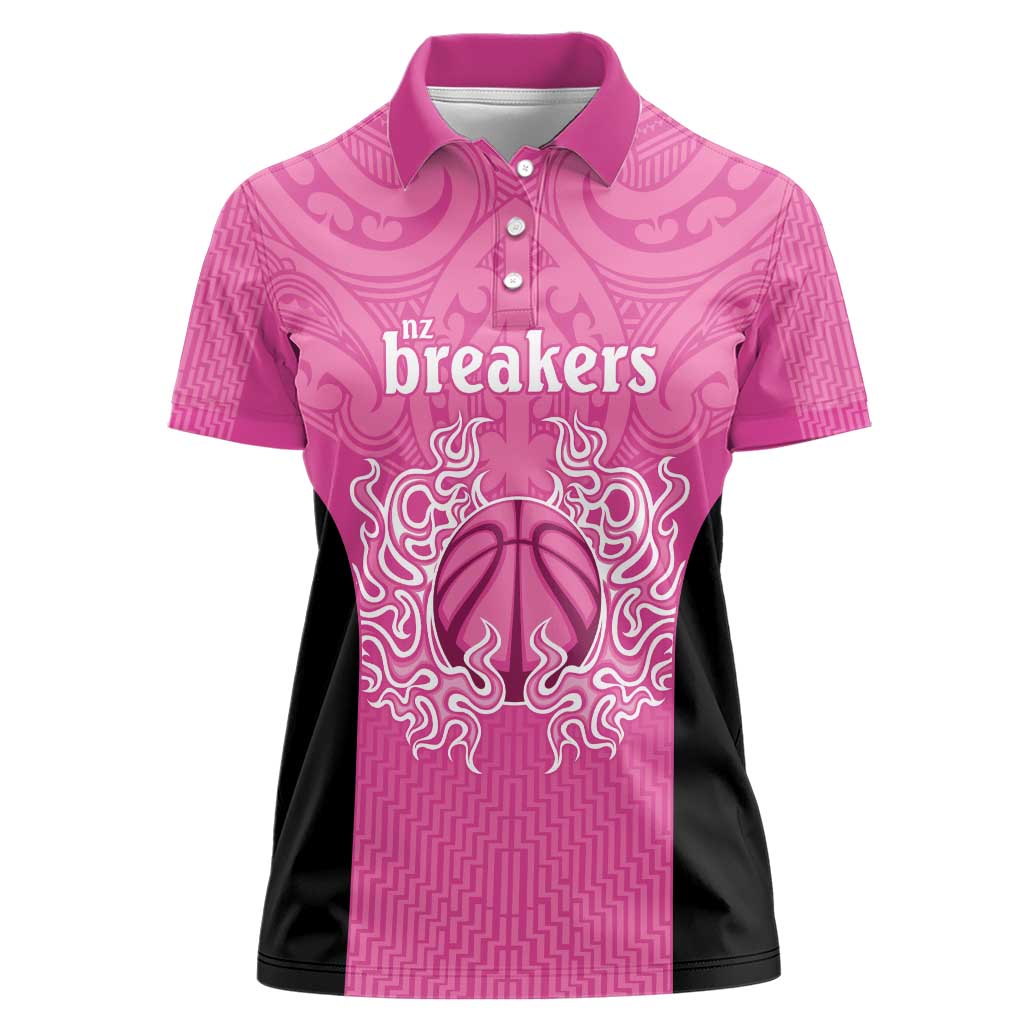 New Zealand Custom Women Polo Shirt Fire Basketball Maori Tribal Pink - Polynesian Pride