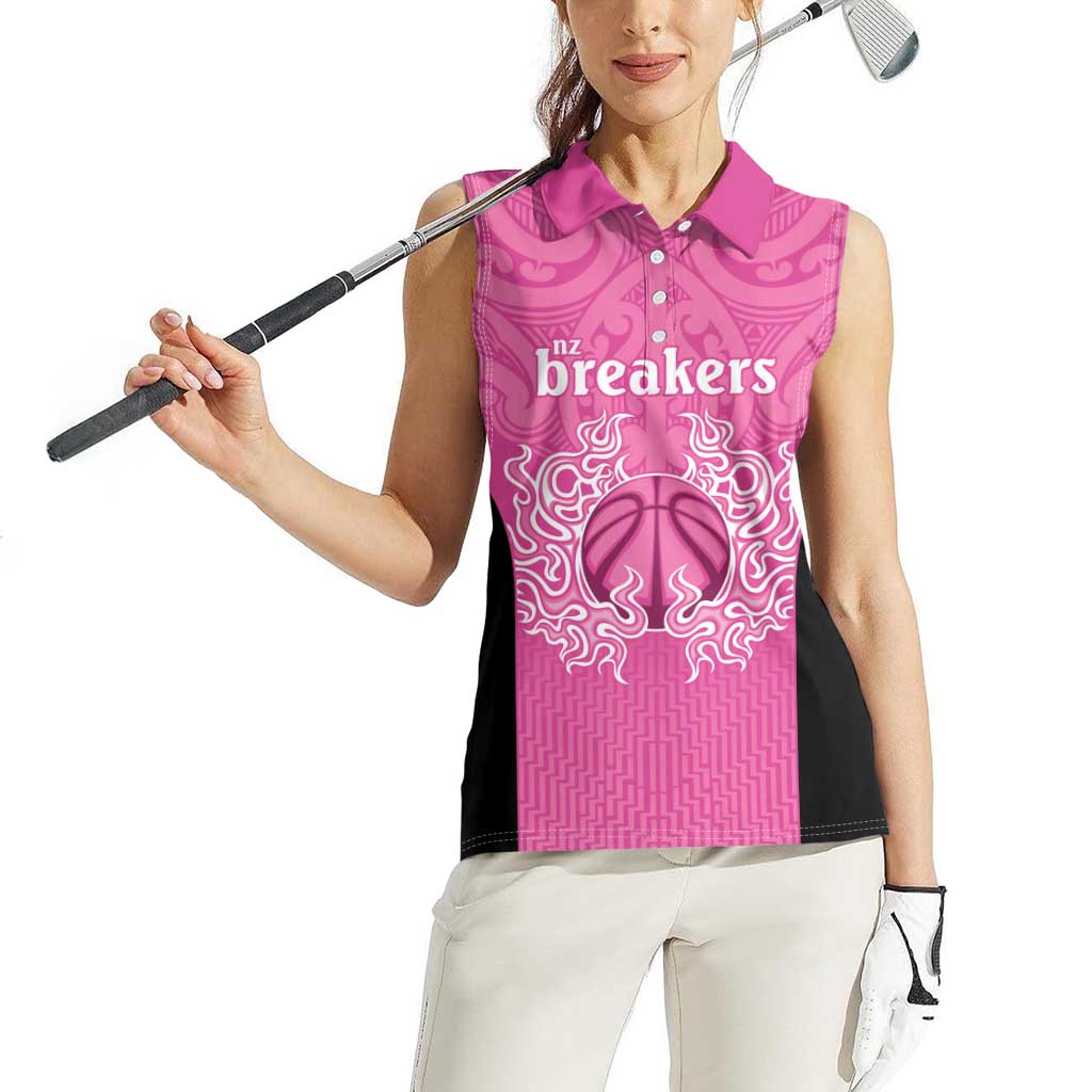 New Zealand Custom Women Sleeveless Polo Shirt Fire Basketball Maori Tribal Pink - Polynesian Pride