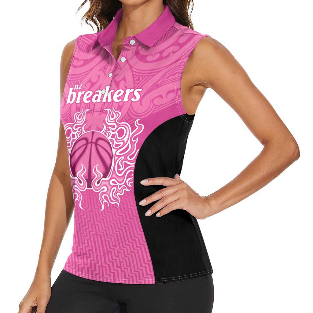 New Zealand Custom Women Sleeveless Polo Shirt Fire Basketball Maori Tribal Pink - Polynesian Pride