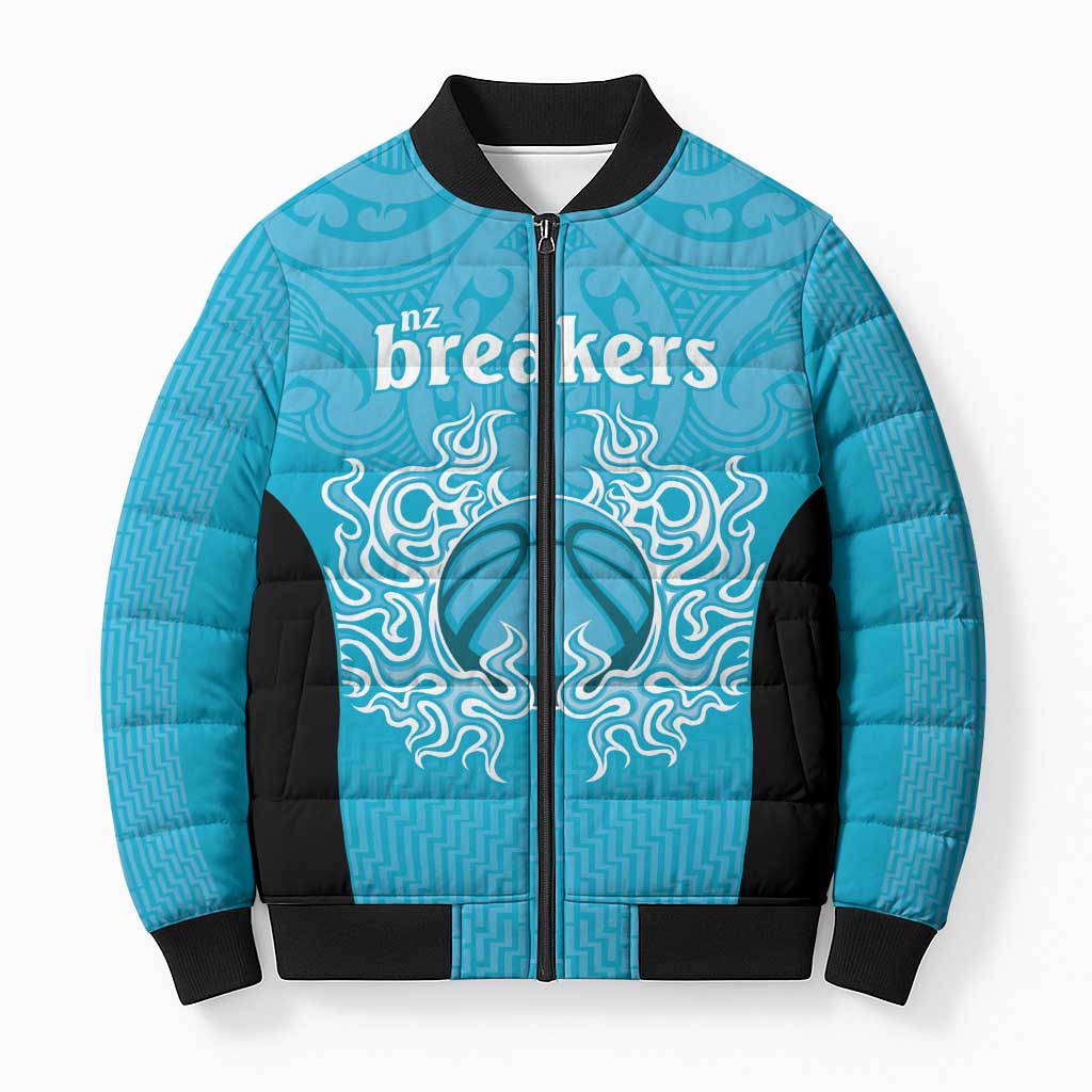 New Zealand Custom Bomber Puffer Jacket Fire Basketball Maori Tribal Sky Blue - Polynesian Pride