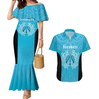 New Zealand Custom Couples Matching Mermaid Dress and Hawaiian Shirt Fire Basketball Maori Tribal Sky Blue - Polynesian Pride