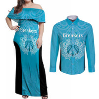 New Zealand Custom Couples Matching Off Shoulder Maxi Dress and Long Sleeve Button Shirt Fire Basketball Maori Tribal Sky Blue - Polynesian Pride