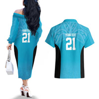 New Zealand Custom Couples Matching Off The Shoulder Long Sleeve Dress and Hawaiian Shirt Fire Basketball Maori Tribal Sky Blue - Polynesian Pride