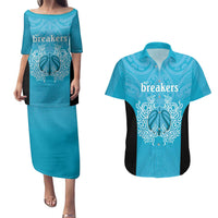 New Zealand Custom Couples Matching Puletasi and Hawaiian Shirt Fire Basketball Maori Tribal Sky Blue - Polynesian Pride