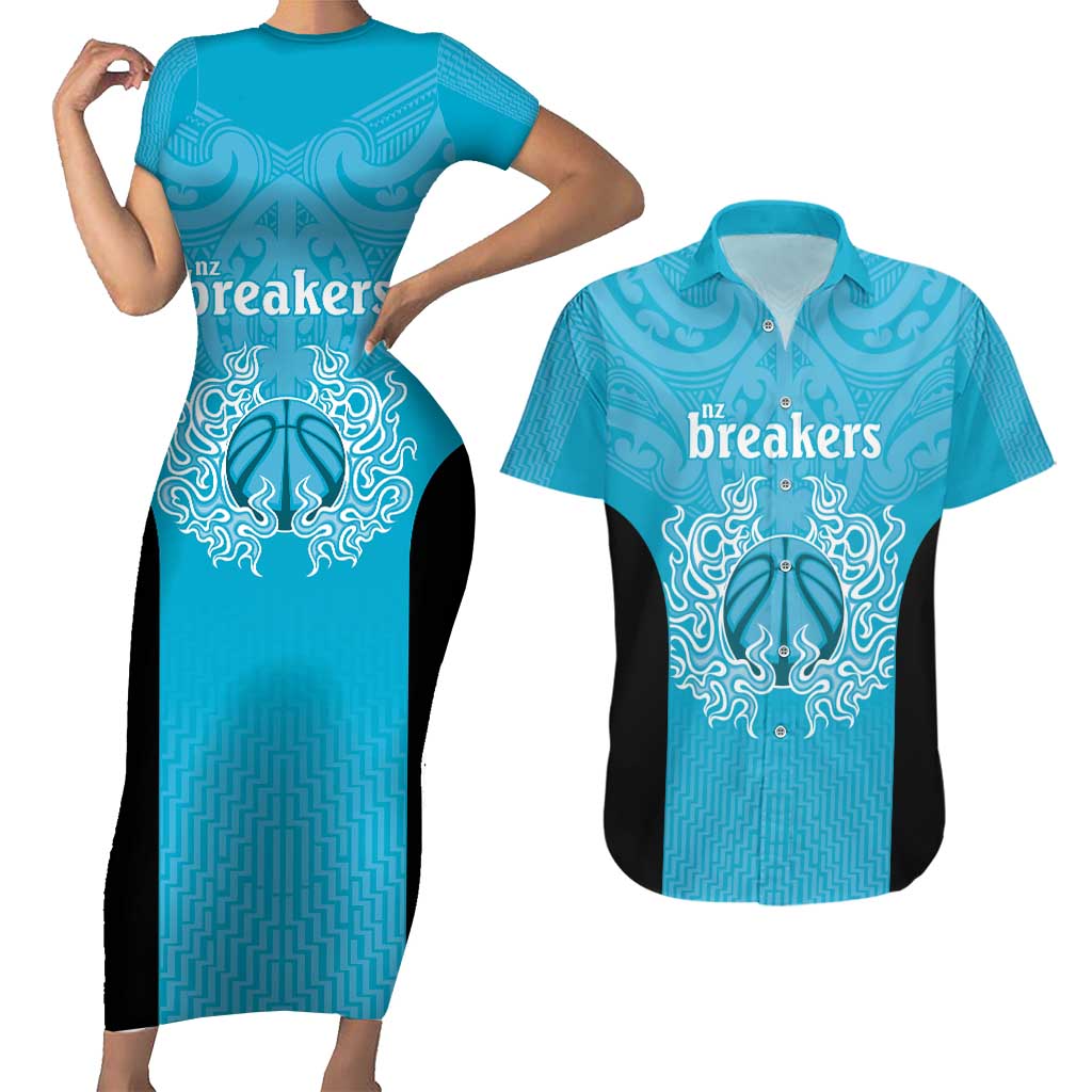 New Zealand Custom Couples Matching Short Sleeve Bodycon Dress and Hawaiian Shirt Fire Basketball Maori Tribal Sky Blue - Polynesian Pride