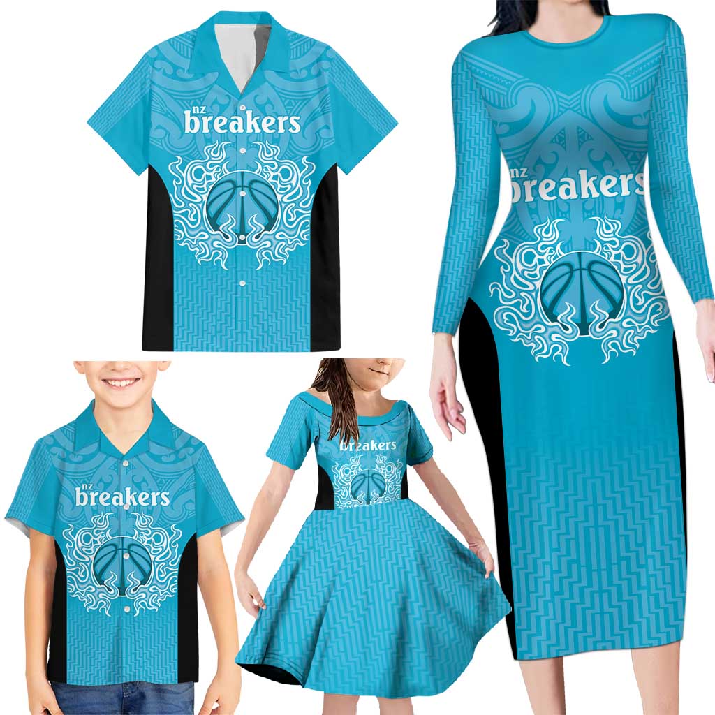 New Zealand Custom Family Matching Long Sleeve Bodycon Dress and Hawaiian Shirt Fire Basketball Maori Tribal Sky Blue - Polynesian Pride