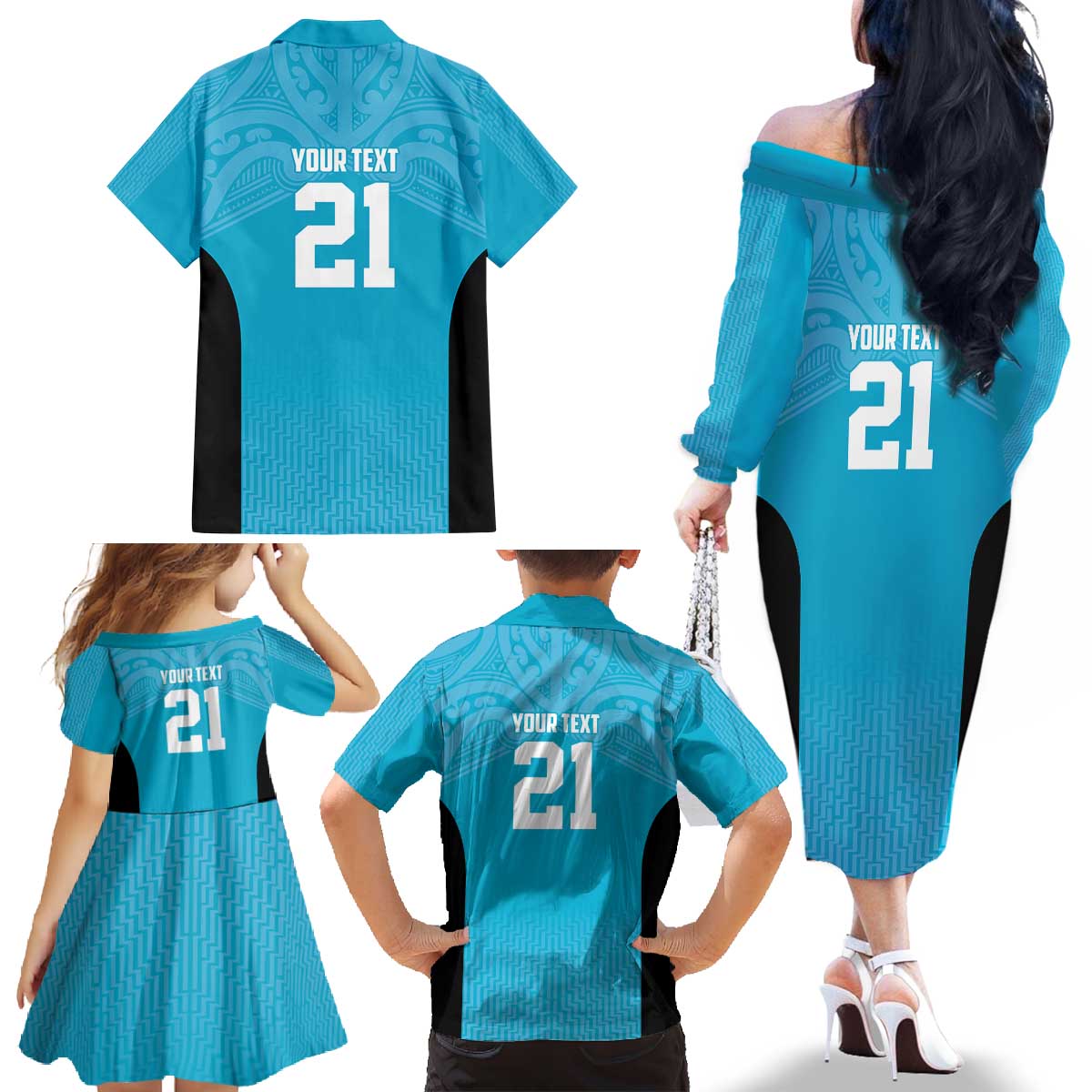 New Zealand Custom Family Matching Off The Shoulder Long Sleeve Dress and Hawaiian Shirt Fire Basketball Maori Tribal Sky Blue - Polynesian Pride