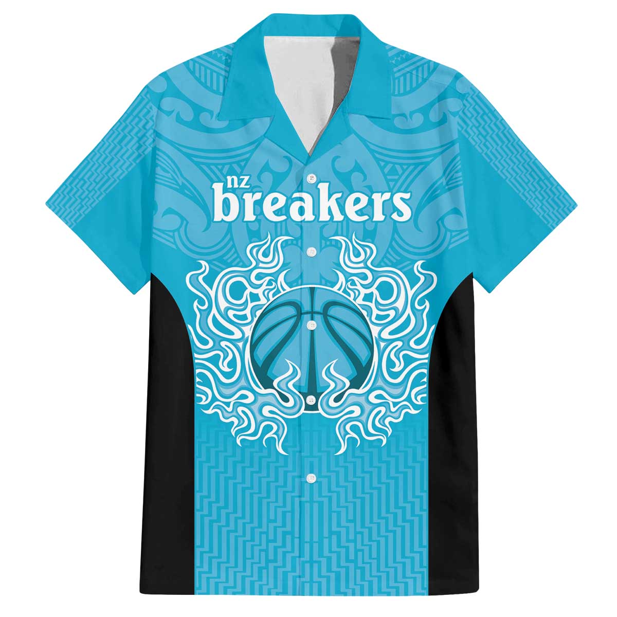 New Zealand Custom Family Matching Off The Shoulder Long Sleeve Dress and Hawaiian Shirt Fire Basketball Maori Tribal Sky Blue - Polynesian Pride