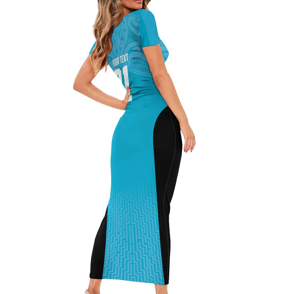 New Zealand Custom Family Matching Short Sleeve Bodycon Dress and Hawaiian Shirt Fire Basketball Maori Tribal Sky Blue - Polynesian Pride