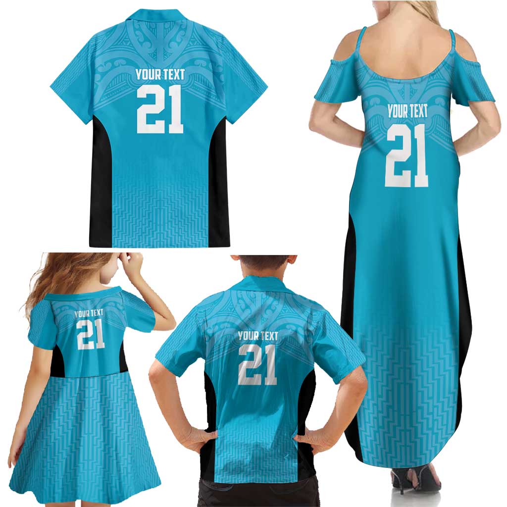 New Zealand Custom Family Matching Summer Maxi Dress and Hawaiian Shirt Fire Basketball Maori Tribal Sky Blue - Polynesian Pride