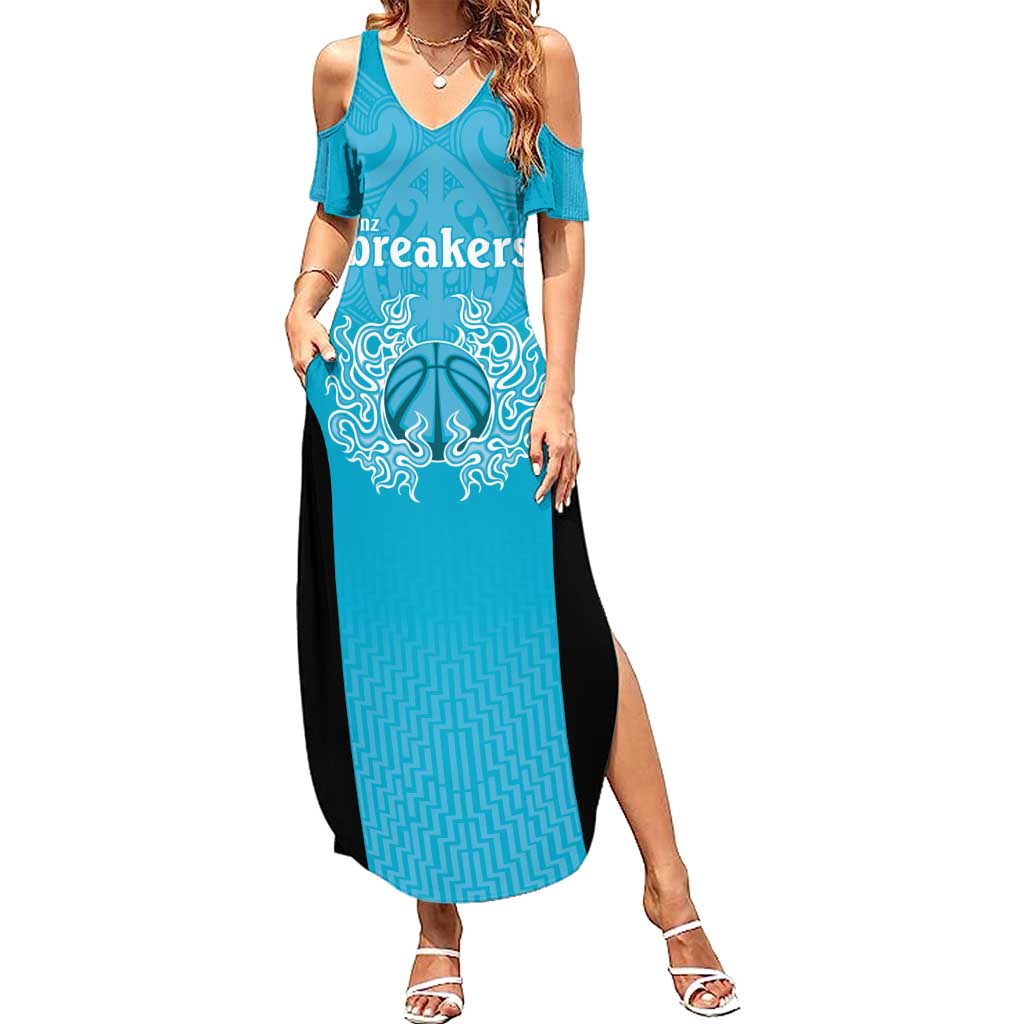 New Zealand Custom Family Matching Summer Maxi Dress and Hawaiian Shirt Fire Basketball Maori Tribal Sky Blue - Polynesian Pride