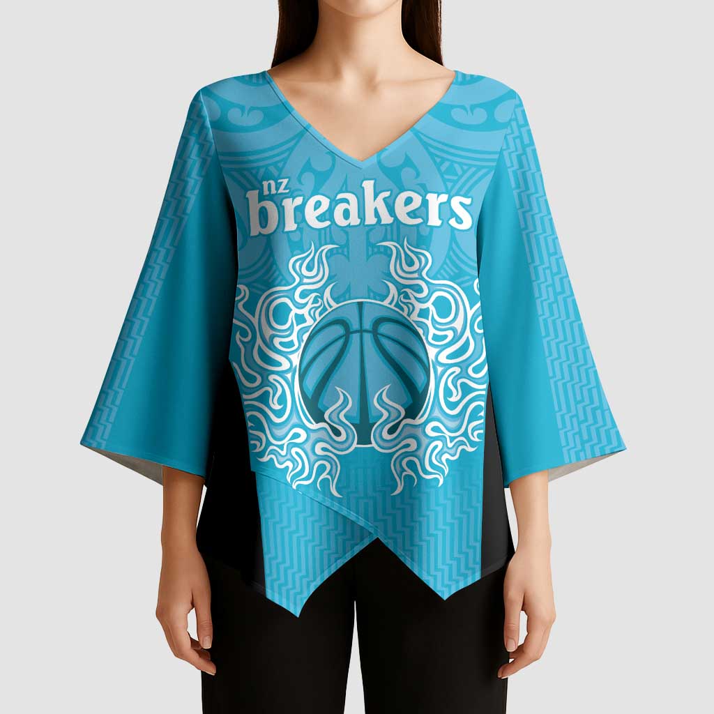 New Zealand Custom Kimono Sleeve Blouse Fire Basketball Maori Tribal Sky Blue - Polynesian Pride